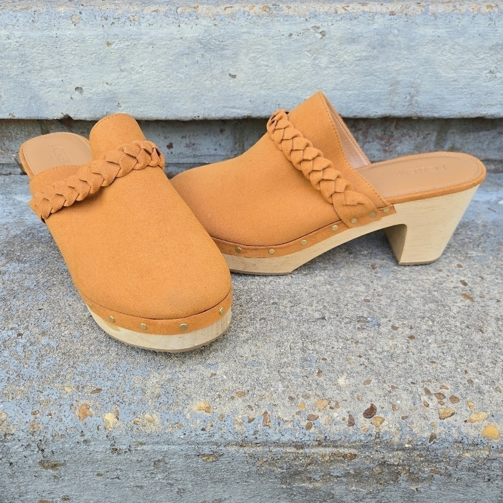 NWOT J Crew Tan Faux Suede Braided Clogs